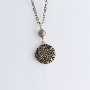 Teeny Locket with Pyrite Bead on Long Chain